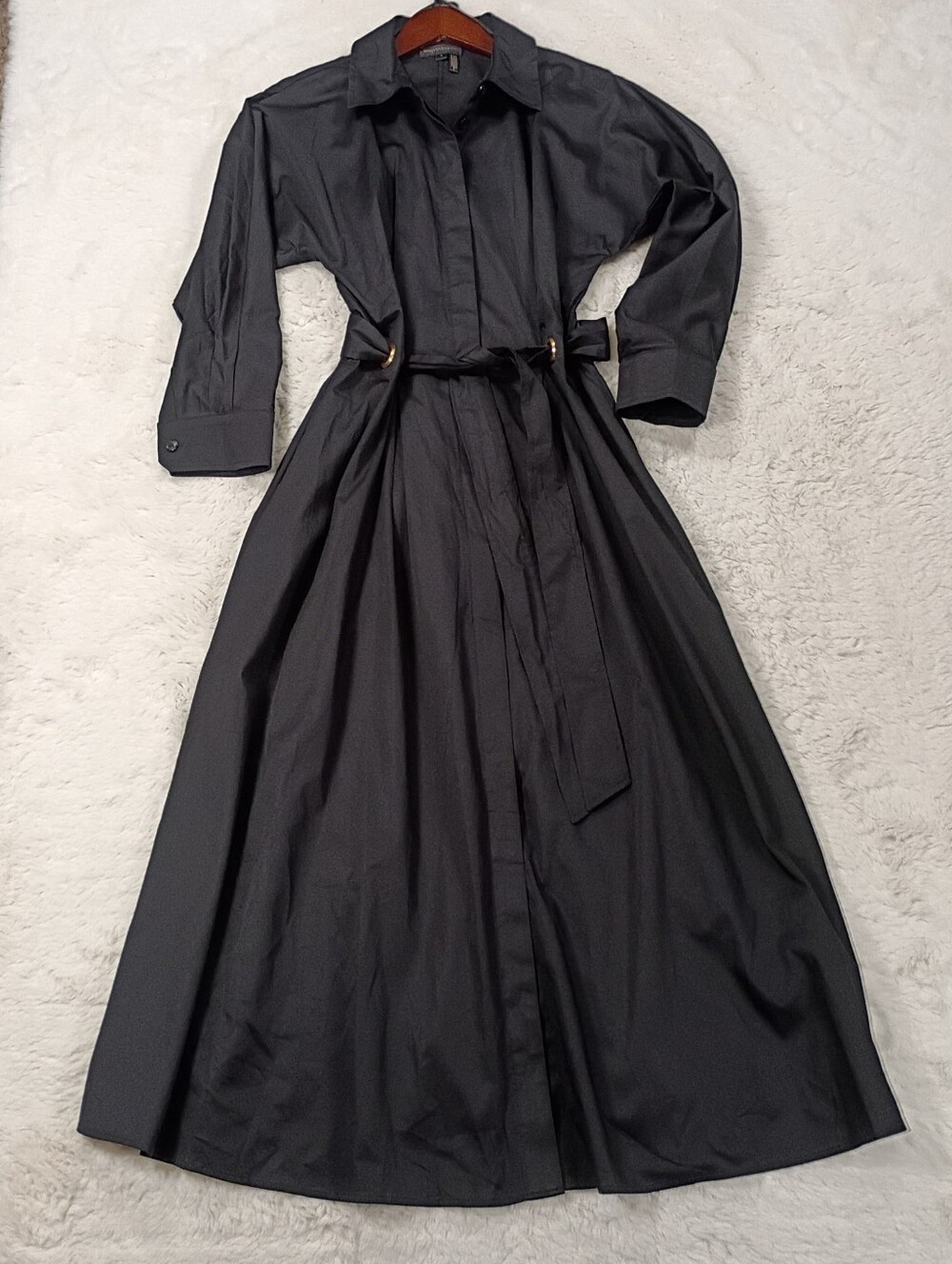 Donna Karan Drawstring Waist Stretch Cotton Black Midi Shirtdress Size 6 NWOT - Picture 6 of 12